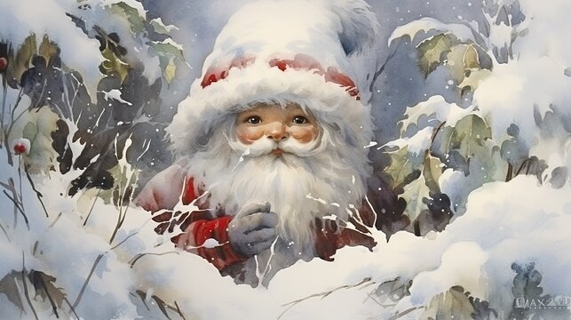  a painting of a santa clause standing in the snow with his hands in his pockets and his face covered in snow.