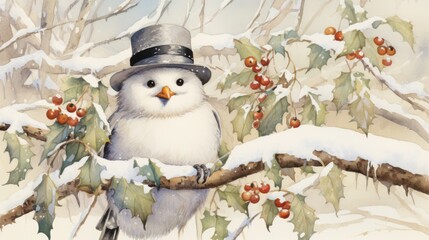  a painting of a bird wearing a top hat and sitting on a branch of a tree with berries on it.
