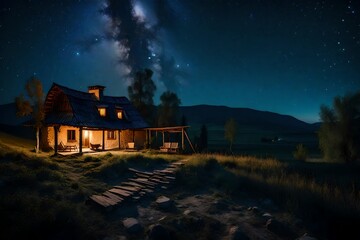 Night landscape, village house under the stars at night. Photo taken in Kzakhstan.