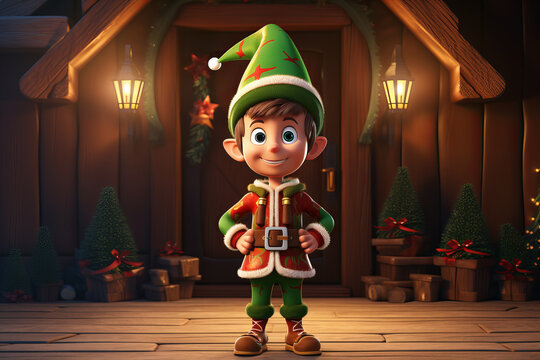 Christmas elf in traditional cotume at the Santa's workshop, festive, 3d animation, cute