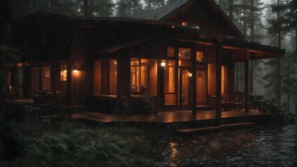 Fototapeta na wymiar A cozy cabin in the woods, rain tapping against the windows, creating a soothing and calming ambiance, perfect for a relaxing getaway. Generative AI. 