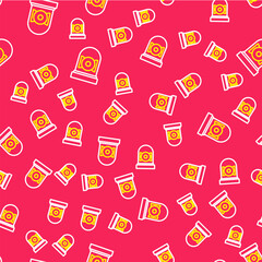 Line Ringing alarm bell icon isolated seamless pattern on red background. Alarm symbol, service bell, handbell sign, notification symbol. Vector