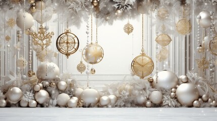 White Christmas living room decorated with silver and gold balls, clock, Christmas tree gift boxes. Christmas room background