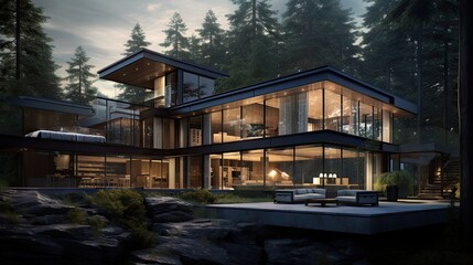  a large house sitting on top of a lush green forest next to a forest filled with lots of tall trees.