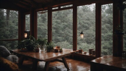 Fototapeta premium A cozy cabin in the woods, rain tapping against the windows, creating a soothing and calming ambiance, perfect for a relaxing getaway. Generative AI. 