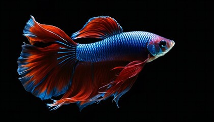 Fototapeta premium Beautiful Betta fish wallpaper. Colorful fighting Siamese fish with beautiful silk tail isolated on dark black background 