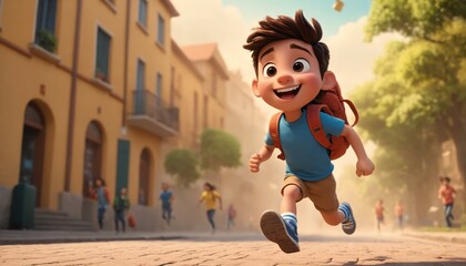 3D Cartoon character of happy student running with copy space