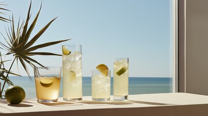  three glasses of lemonade sit on a window sill next to a potted plant and a potted plant.