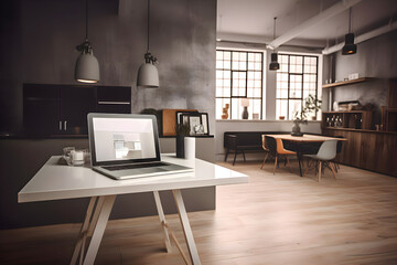 Laptop on table in modern kitchen interior. Workplace concept. 3D Rendering