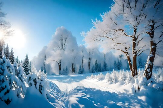 Beautiful winter landscape with snow covered Christmass trees