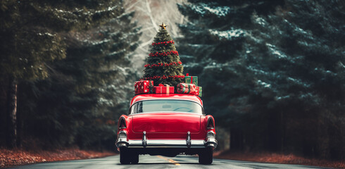 Red retro car with christmas tree and gift boxes on the top. Merry Christmas and a Happy New Year concept.