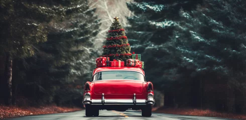 Gardinen Red retro car with christmas tree and gift boxes on the top. Merry Christmas and a Happy New Year concept. © Viks_jin
