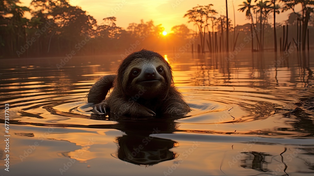 Poster a sloth swims in a body of water as the sun sets in the background with palm trees in the foreground