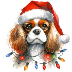 Christmas cavalier in santa hat wrapped in christmas lights created with Generative AI technology - obrazy, fototapety, plakaty