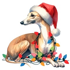 Christmas whippet in santa hat wrapped in christmas lights created with Generative AI technology