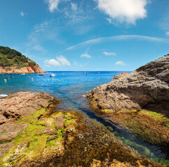 Tamariu bay summer coast view with boats, Costa Brava in Catalonia, Spain.