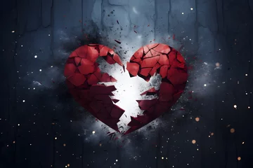 Fotobehang Broken red heart 3d design, exploded shattered into pieces, isolated on dramatic tragic dark black background, raining, crackles, realistic, breakup concept with copy space  © Vladislava