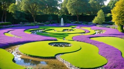Grass disc park with fountain. A garden with purple flower banks, round flat lawn patches, embedded...