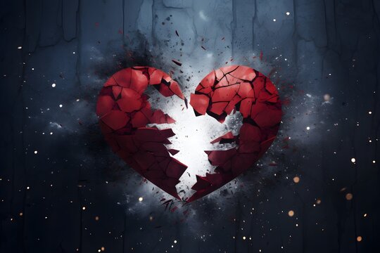 Naklejki Broken red heart 3d design, exploded shattered into pieces, isolated on dramatic tragic dark black background, raining, crackles, realistic, breakup concept with copy space 