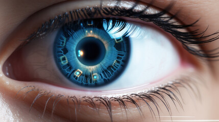 Modern cyber woman with technolgy eye looking. The young woman 's eye is close-up. The concept of the new technology is iris recognition.