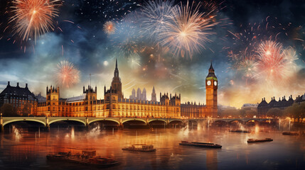 Fototapeta na wymiar new years eve with fireworks over London and its famous parliament and Big Ben
