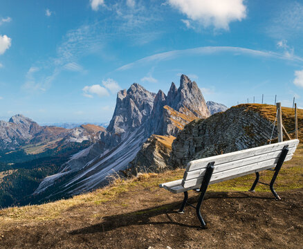 Picturesque autumn Alps mountain scene, famous italian Dolomites Seceda majestic rock, Sass Rigais, Sudtirol, Italy. Beautiful traveling, seasonal and nature beauty concept scene.