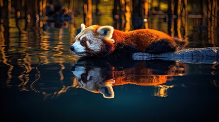  a red panda laying on top of a body of water next to a bunch of tall bamboo tree's.