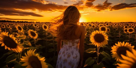 Gartenposter Woman standing in a field of sunflowers at sunset.  © Jeff Whyte