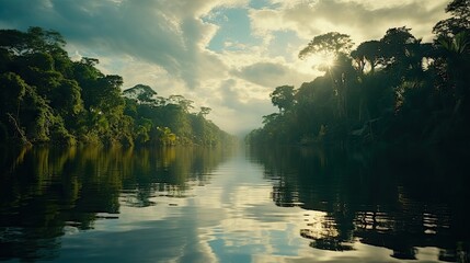  a body of water with trees on both sides of it and a sky filled with clouds in the middle of the picture.