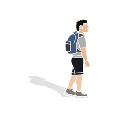 colorful illustration with shadow of a traveler walking with a backpack for icon or logo