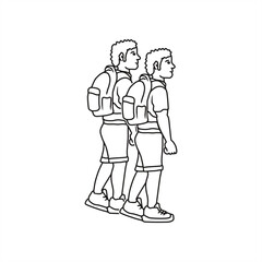line art illustration of two travelers walking side by side with backpacks for icon or logo
