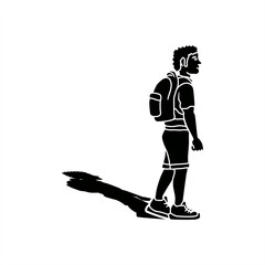 silhouette illustration with shadow of a traveler walking with a backpack for icon or logo