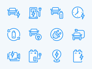 Electric Car and Vehicle Charging vector line icons. Auto charger and Electro Engine outline icon set. Power Station, Battery, Recharge, Charging Time, EV, Charging Place and more.