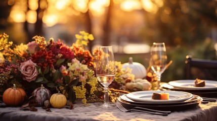 Naklejka na ściany i meble Thanksgiving fall harvest table place setting. Holiday celebration autumn dining. Seasonal reception with place settings and wine.