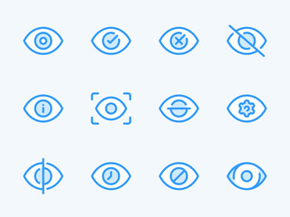 Eye Scan and Retina vector line icons. View and Eye Recognition outline icon set. Scanning, Hide, Blocked, Show, Settings, Information and more.