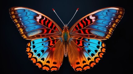  a close up of a butterfly on a black background with a red, blue, and orange butterfly on it's...