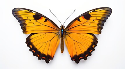  a close up of a yellow butterfly on a white background with a black and orange pattern on it's wings.