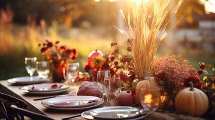 Naklejka na ściany i meble Thanksgiving fall harvest table place setting. Holiday celebration autumn dining. Seasonal reception with place settings and wine.