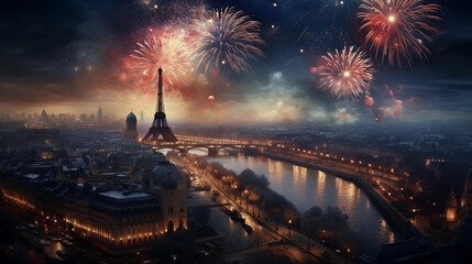 new years eve with fireworks over Paris: City skyline with the Eiffel tower, river Seine and fireworks - obrazy, fototapety, plakaty