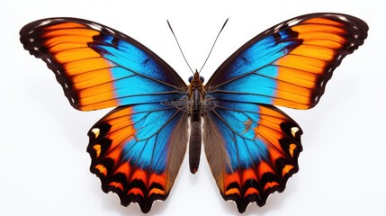 Fototapeta premium a blue and orange butterfly sitting on top of a white surface with its wings spread open and wings wide open.