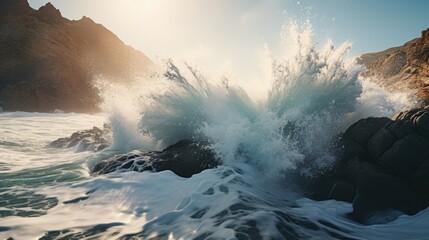 Dramatic crashing wave against rugged rocky shoreline. Ocean storm cresting surf. Relentless power of the sea at sunset. 