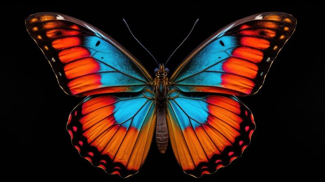  a close up of a colorful butterfly on a black background with a black back ground with a black back ground with a red and blue butterfly on it's wings.