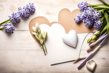 Festive spring greeting card on Mothers Day with hyacinth flowers and white wooden heart from...