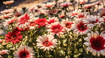 White and red gerbera daisies in the garden. Springtime  concept with a space for a text. Valentine day concept with a copy space.