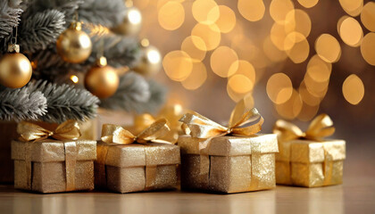 Fototapeta na wymiar Gifts below the Christmas tree fairy lights background