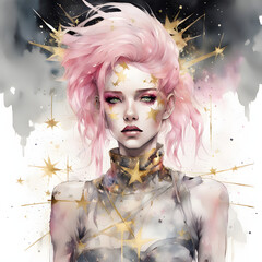 A gorgeous punk goddess with pink hair adorned with stars