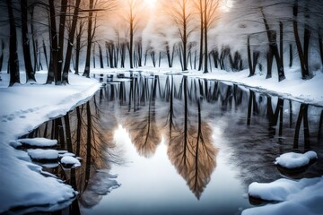 River in winter. Beach in the snow. Reflection in water.