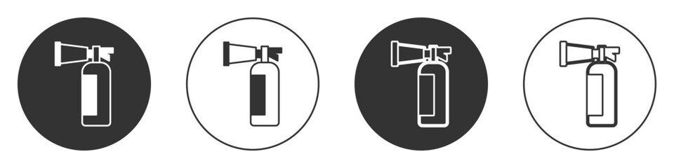 Black Fire extinguisher icon isolated on white background. Circle button. Vector