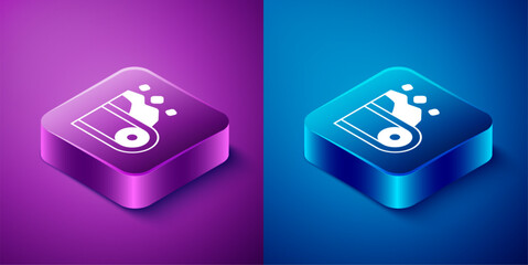 Isometric Conveyor belt carrying coal icon isolated on blue and purple background. Square button. Vector © Kostiantyn