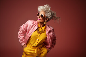 A modern stylish caucasian mature woman in bright yellow fashionable suit and pink jacket, black sunglasses and gold jewelry posing on a red colored background - obrazy, fototapety, plakaty